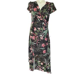 Julia Jordan Size 6 Floral Dress High Low Hem B & W Green Pink Lined Faux Wrap